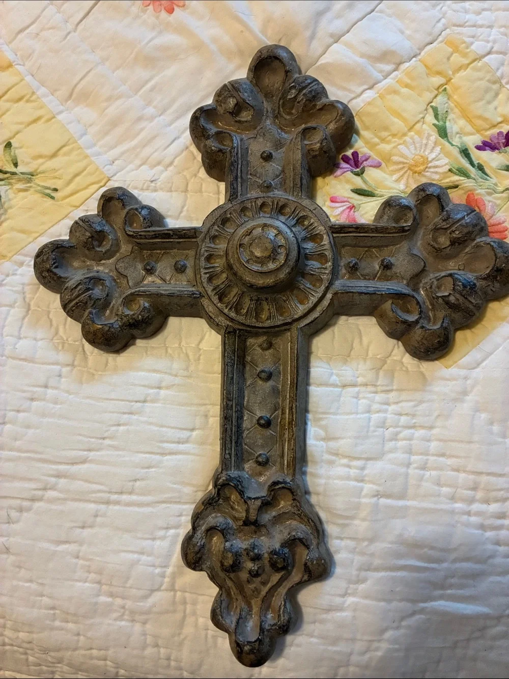 Ornate Decorative Wall Cross in Distressed Brown Finish
